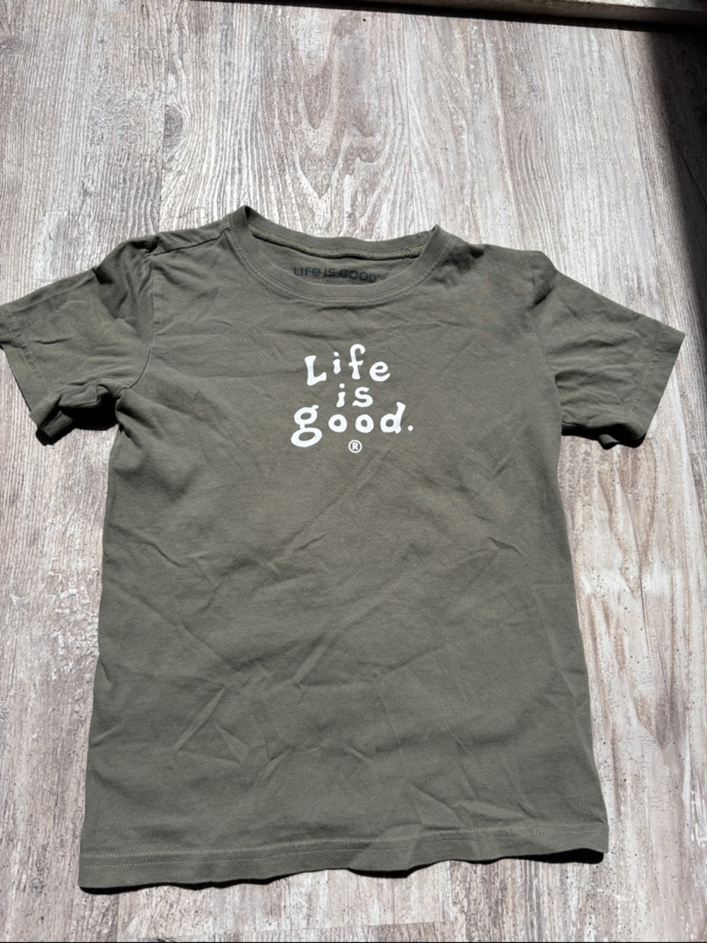 Life Is Good Olive Green Kids Short Sleeve Tee with White Logo